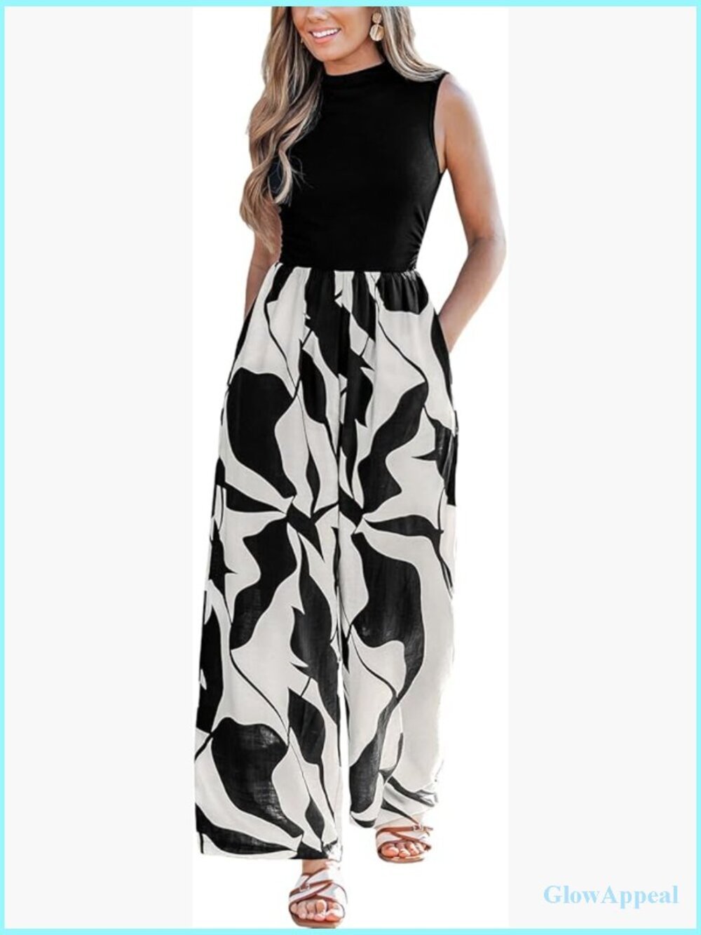 Sleeveless Mock Neck Wide Leg Jumpsuit with Pockets